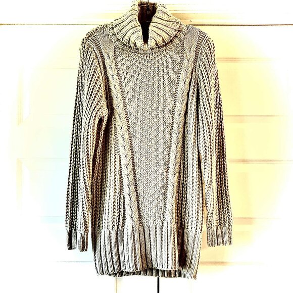 New FOREVER 21 Chunky Cable Knit Cowl Neck Tunic Sweater Dress Soft Grey L - Picture 3 of 7